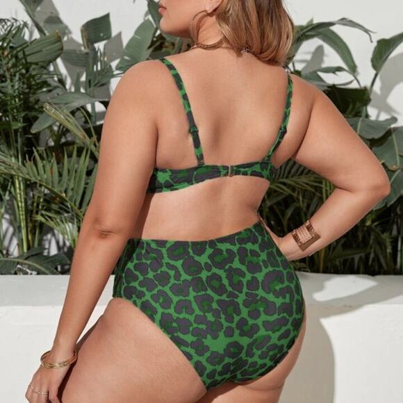 Green Leopard Knot Front Push Up Bikini Swimsuit NEW Plus 3X High Waist Bottom - Picture 3 of 9